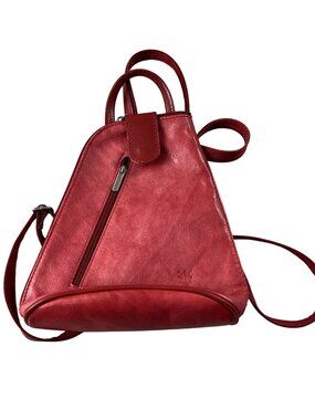 Italian Leather Red Triangular Backpack Purse*Adj Straps*Zip & Magnetic Closure